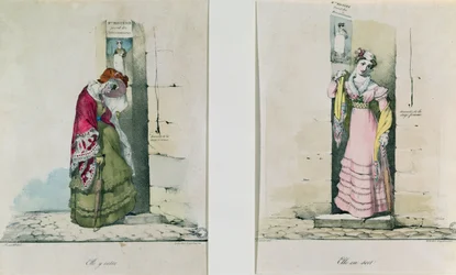 Žena vstupující a opouštějící potratovou kliniku, vyryla Godefroy Engelmann (1788-1839)